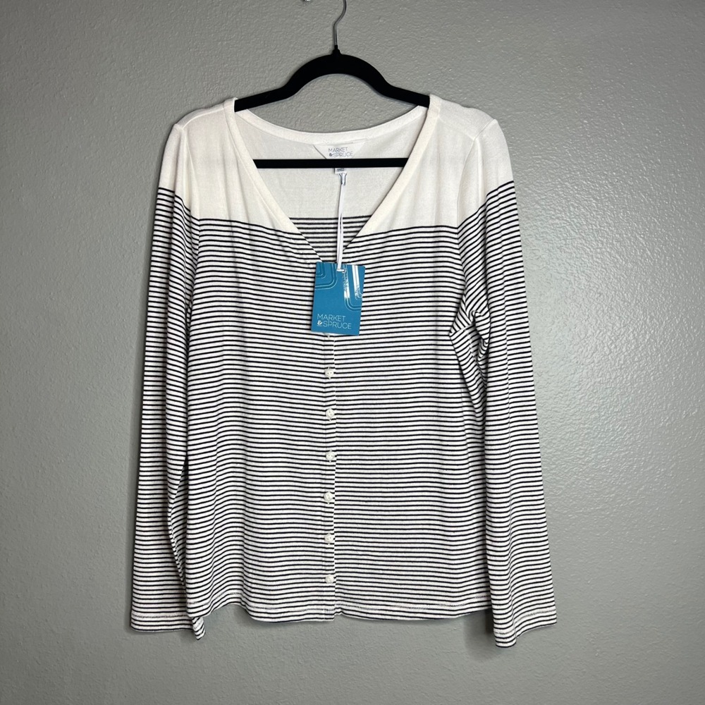 Market & Spruce Cardigan Sz 1X White Black Striped Buttonâ Front V-Neck Knit NWT